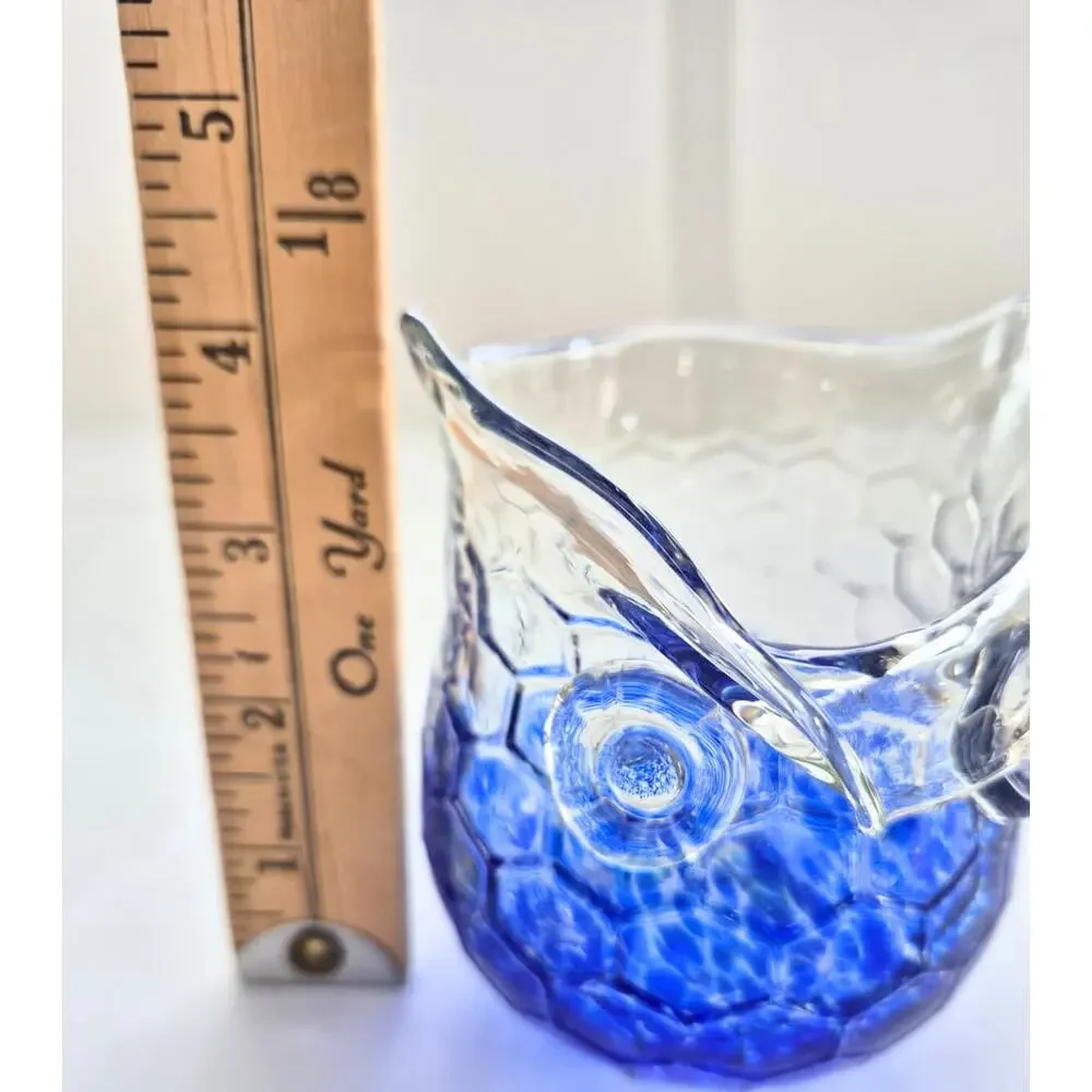 Vintage Blown Glass Owl Cobalt Blue Splatter Jar Vase Candle Holder Boho Cottage